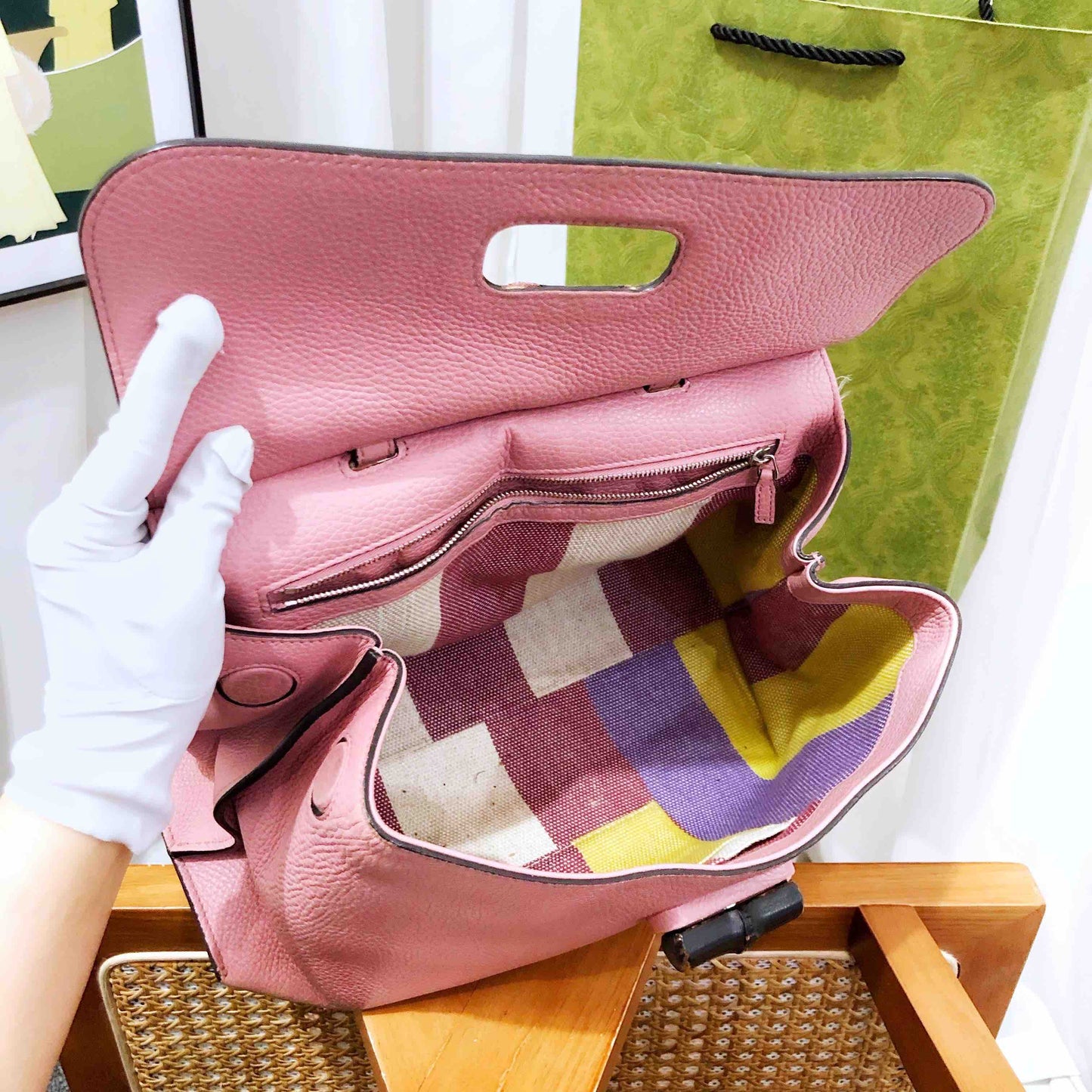 Gucci Pink Leather Two-Way Bamboo Handle Bag Medium