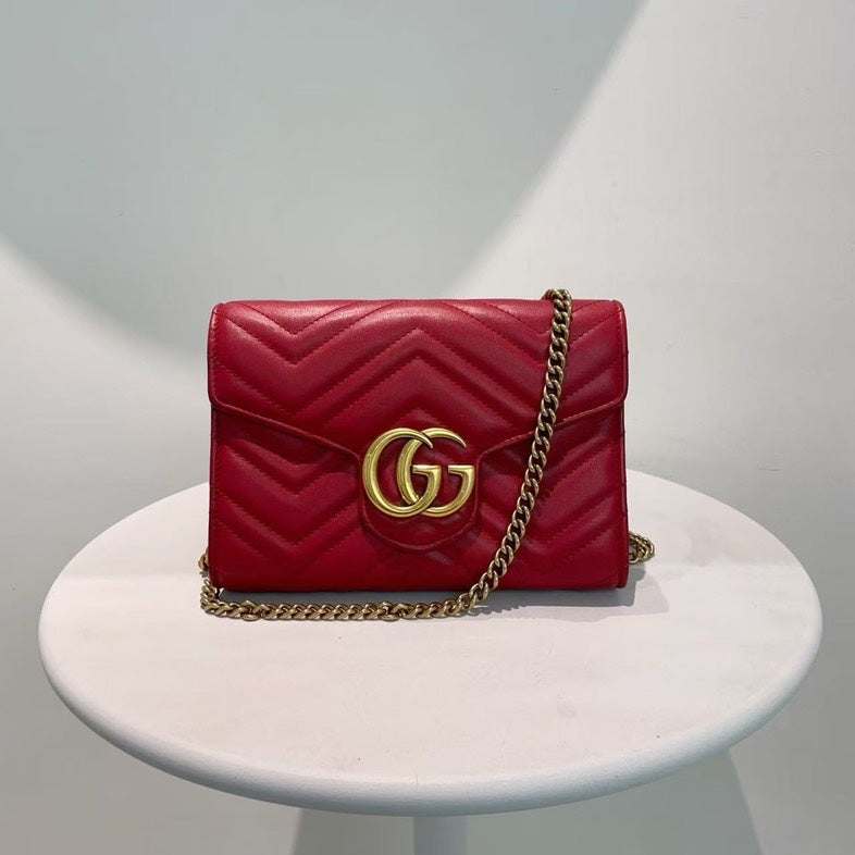 Gucci Marmont Red Leather Wallet On Chain Small