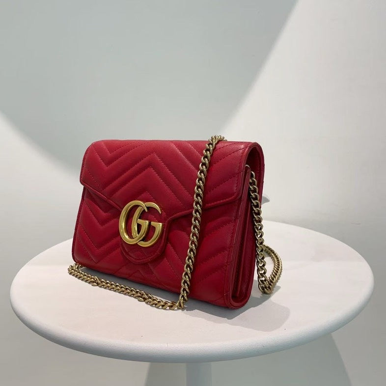 Gucci Marmont Red Leather Wallet On Chain Small