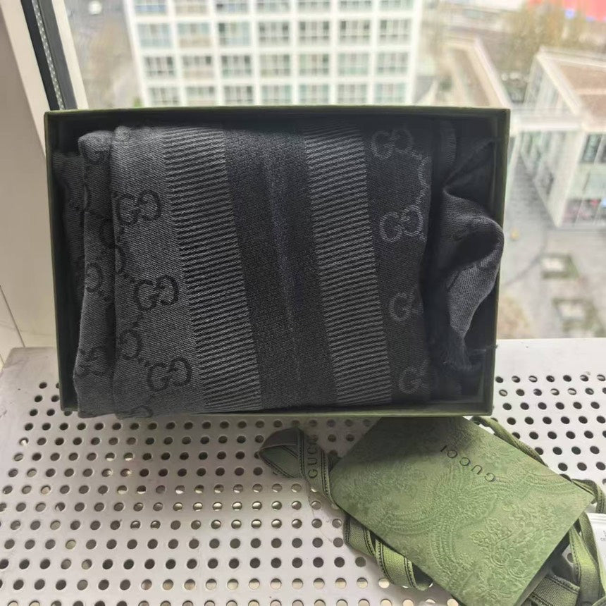 Gucci Gray Wool GG Monogram Scarf with Box