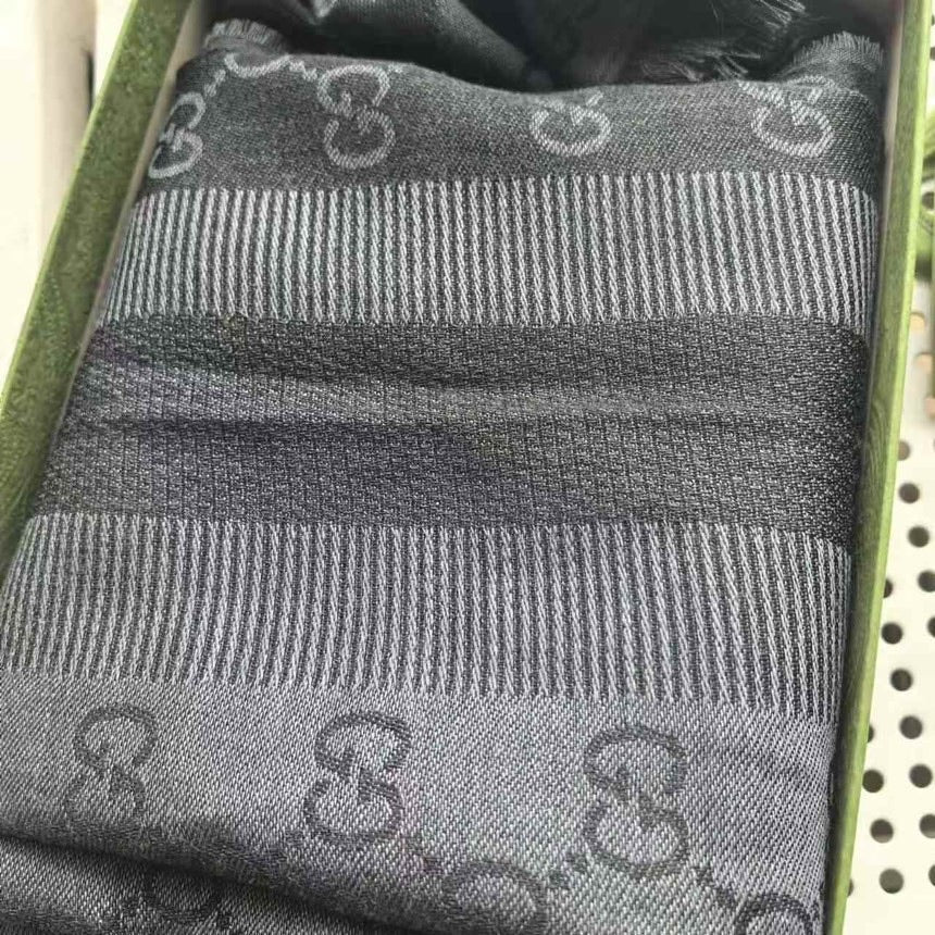 Gucci Gray Wool GG Monogram Scarf with Box