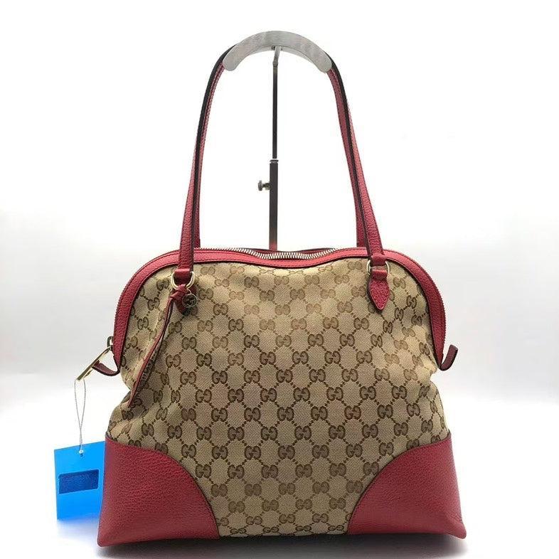 Gucci Beige Red Monogram Canvas Leather Shoulder Bag Medium