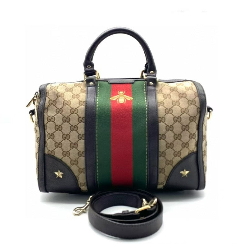 Gucci Boston Beige Canvas Leather Trim Bag Medium