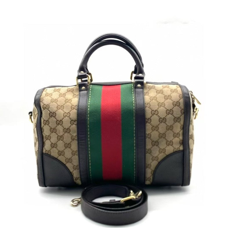 Gucci Boston Beige Canvas Leather Trim Bag Medium