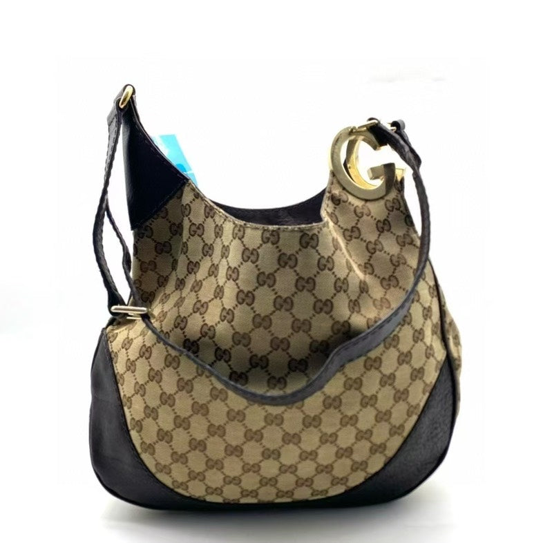 Gucci GG Monogram Canvas Brown Leather Hobo Bag Medium