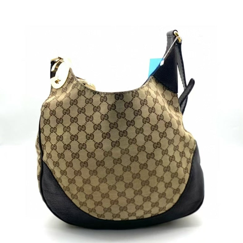 Gucci GG Monogram Canvas Brown Leather Hobo Bag Medium
