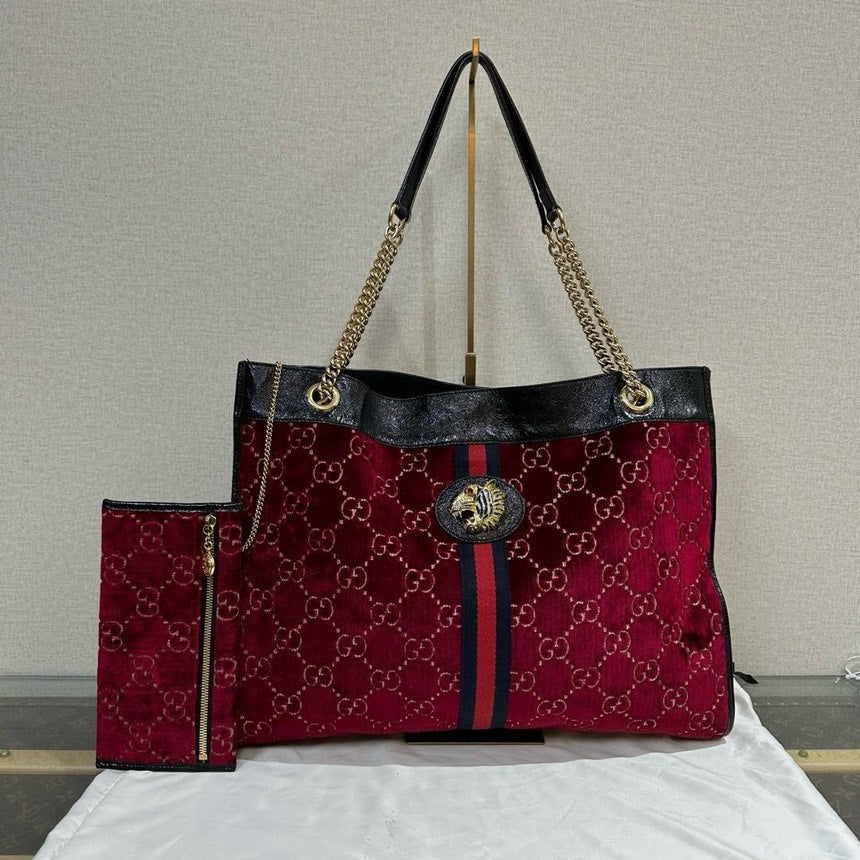 Gucci Red Velvet Large Tote Bag with Lion Head Detail