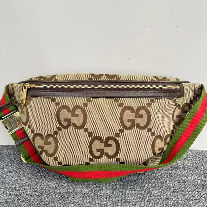 Gucci GG Supreme Beige Canvas Belt Bag Brown Web Strap