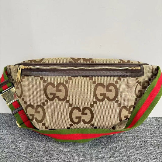 Gucci GG Supreme Beige Canvas Belt Bag Brown Web Strap