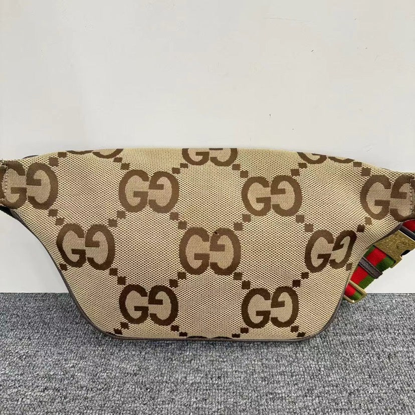 Gucci GG Supreme Beige Canvas Belt Bag Brown Web Strap