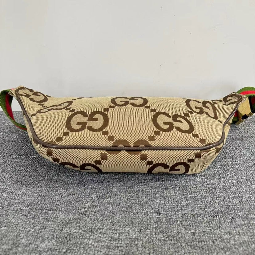 Gucci GG Supreme Beige Canvas Belt Bag Brown Web Strap