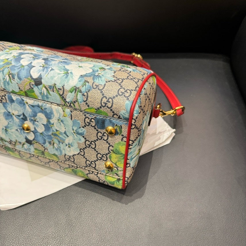 Gucci Boston Floral Print Canvas Handbag Red Trim Medium