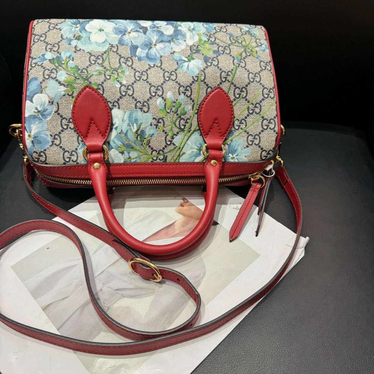 Gucci Boston Floral Print Canvas Handbag Red Trim Medium