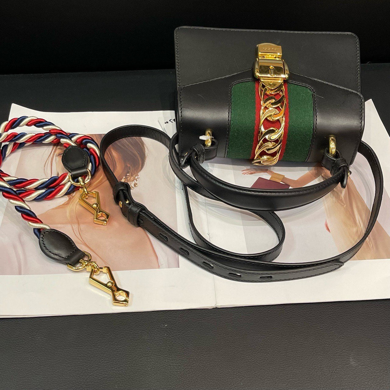 Gucci Sylvie Small Black Leather Handbag Green Red Stripe Gold Chain