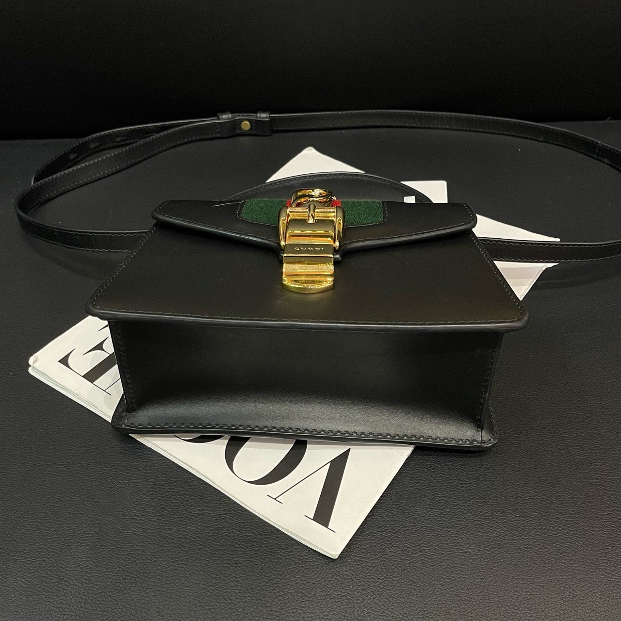 Gucci Sylvie Small Black Leather Handbag Green Red Stripe Gold Chain