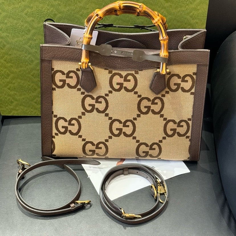 Gucci Diana Brown Canvas Bamboo Handle Tote Bag 34.5x28x10cm