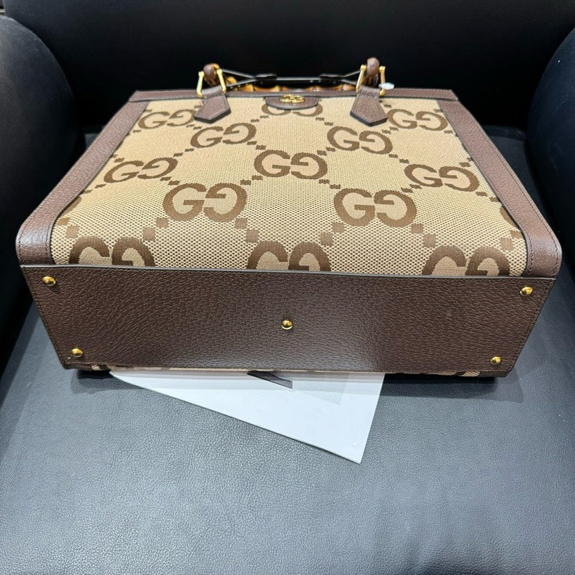 Gucci Diana Brown Canvas Bamboo Handle Tote Bag 34.5x28x10cm