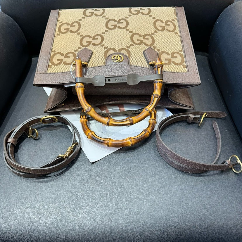 Gucci Diana Brown Canvas Bamboo Handle Tote Bag 34.5x28x10cm