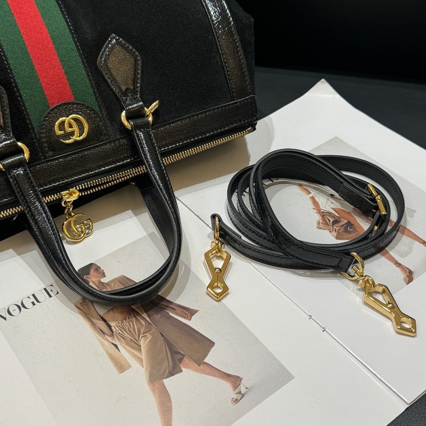 Gucci Black Suede Leather Stripe Tote Bag 33x17x25cm