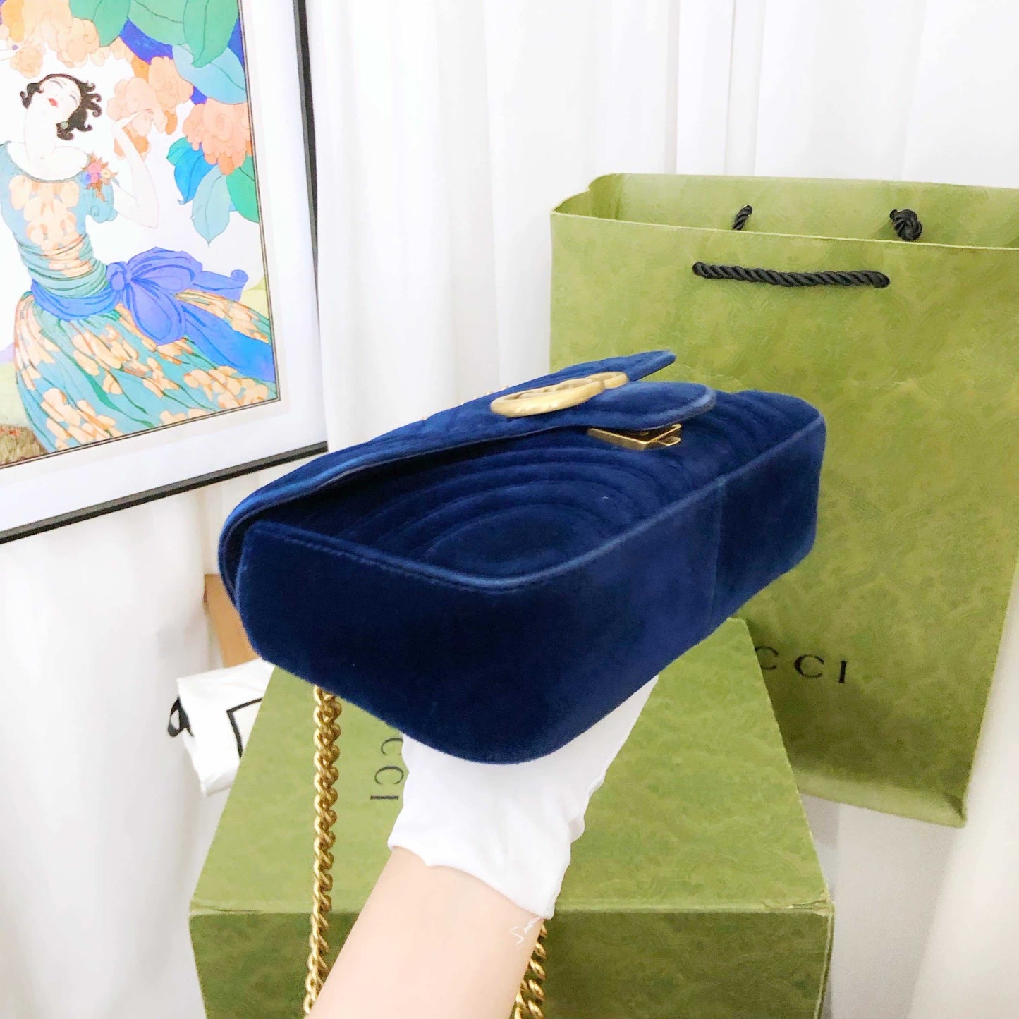 Gucci Marmont Blue Velvet Shoulder Bag