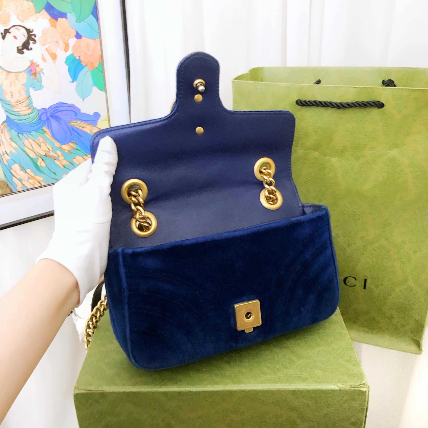 Gucci Marmont Blue Velvet Shoulder Bag