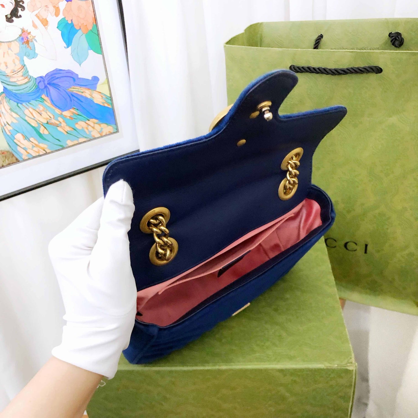 Gucci Marmont Blue Velvet Shoulder Bag