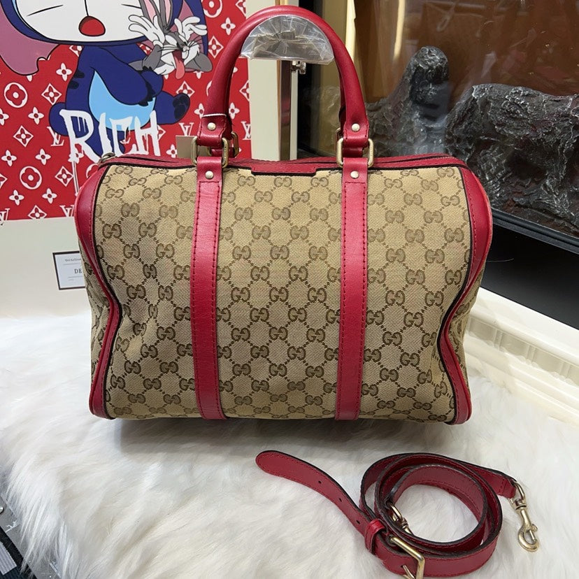 Gucci Preloved Boston Bag Beige/Red Canvas Top Handle