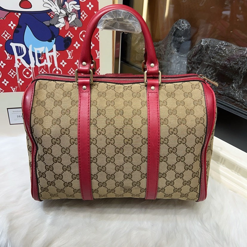 Gucci Preloved Boston Bag Beige/Red Canvas Top Handle