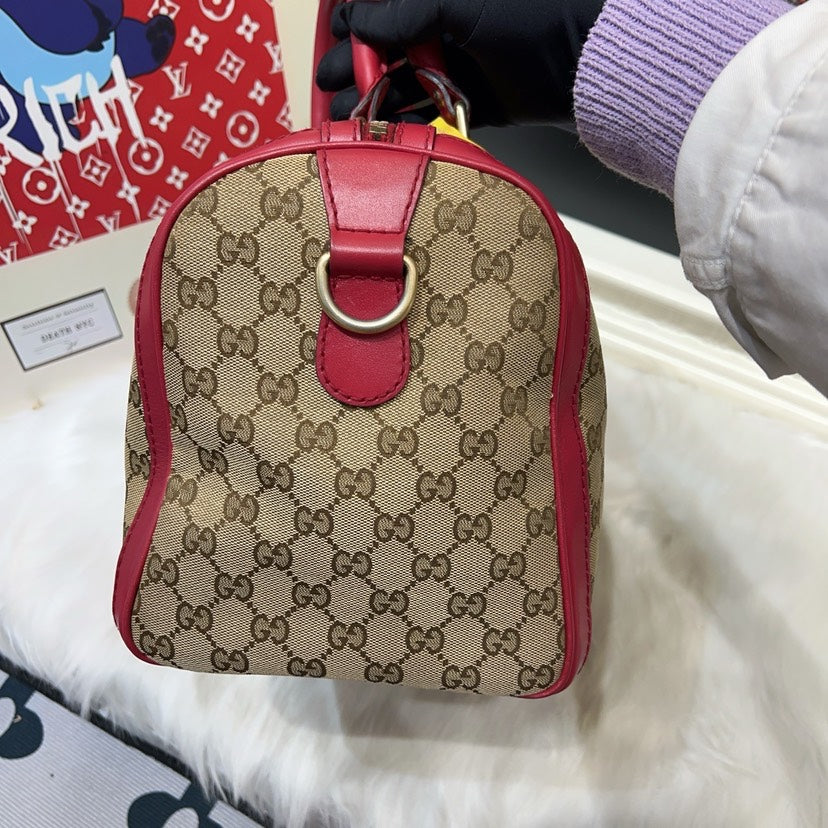 Gucci Preloved Boston Bag Beige/Red Canvas Top Handle