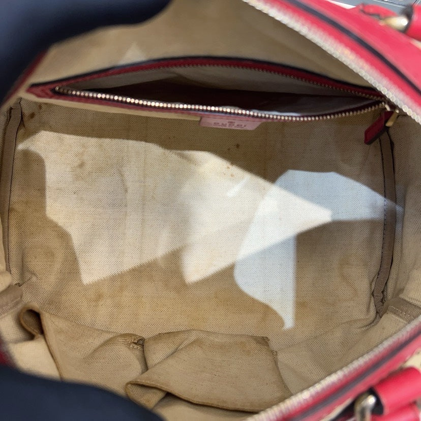 Gucci Preloved Boston Bag Beige/Red Canvas Top Handle