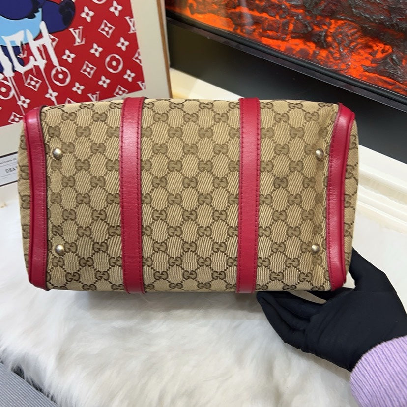 Gucci Preloved Boston Bag Beige/Red Canvas Top Handle