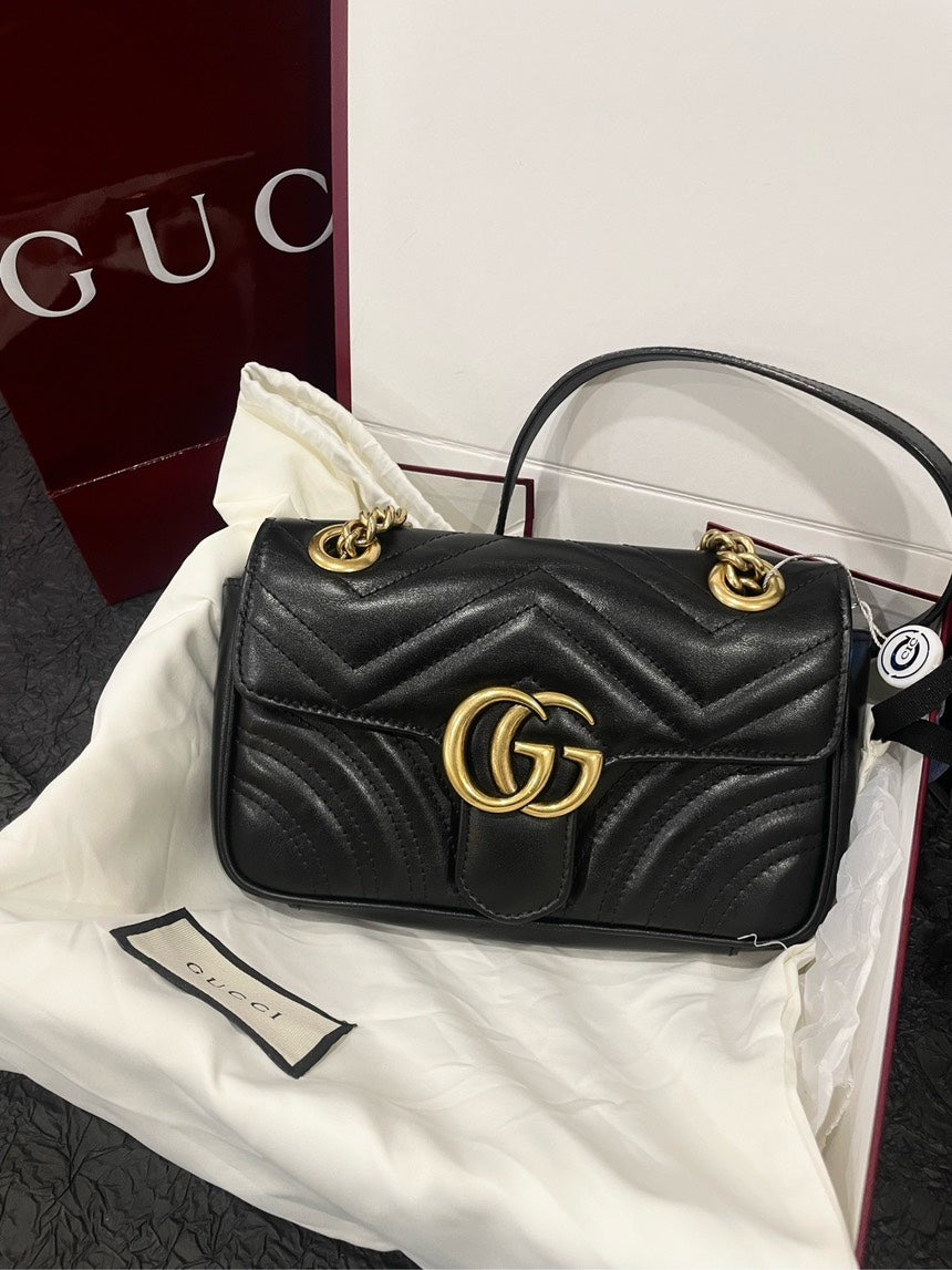 Gucci Marmont 22 Black Gold Shoulder Bag Full Set