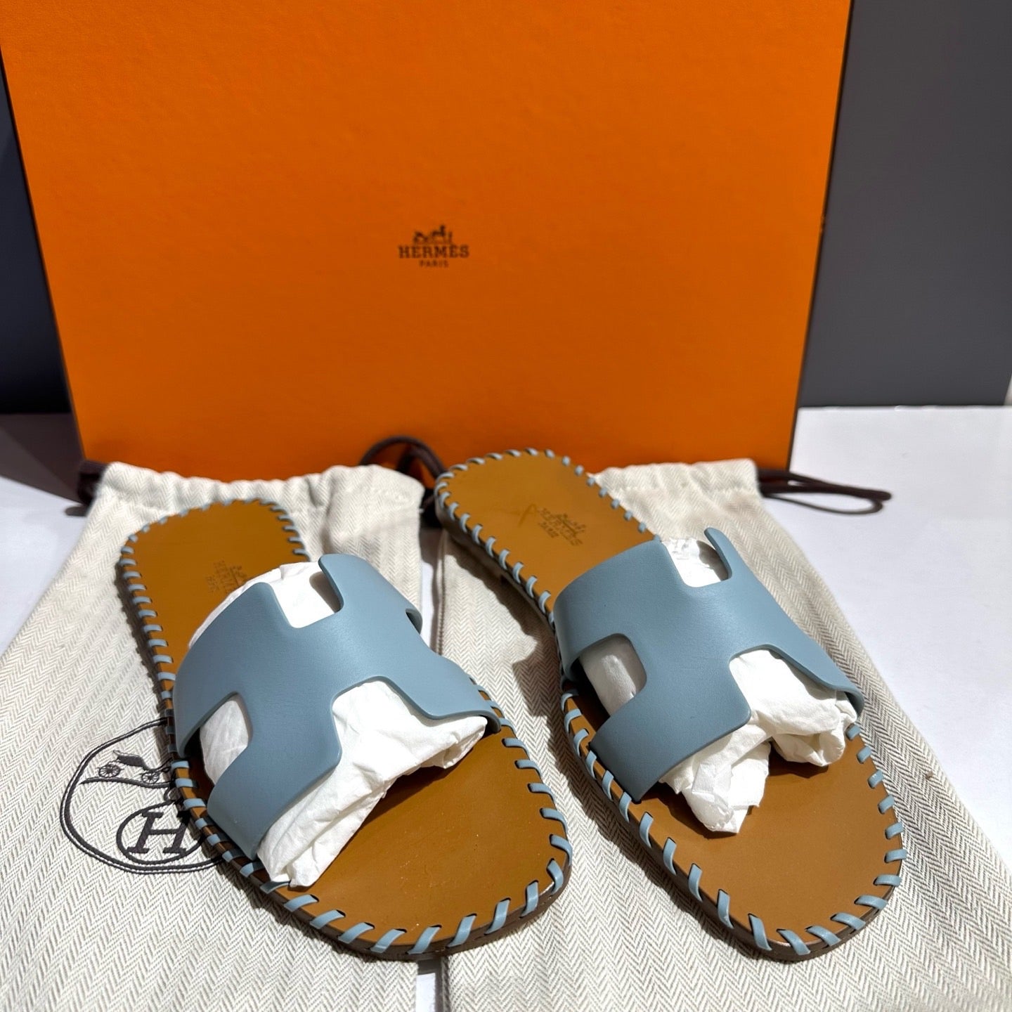 Hermes Oran Flats Blue Leather Slide Sandals Size 38