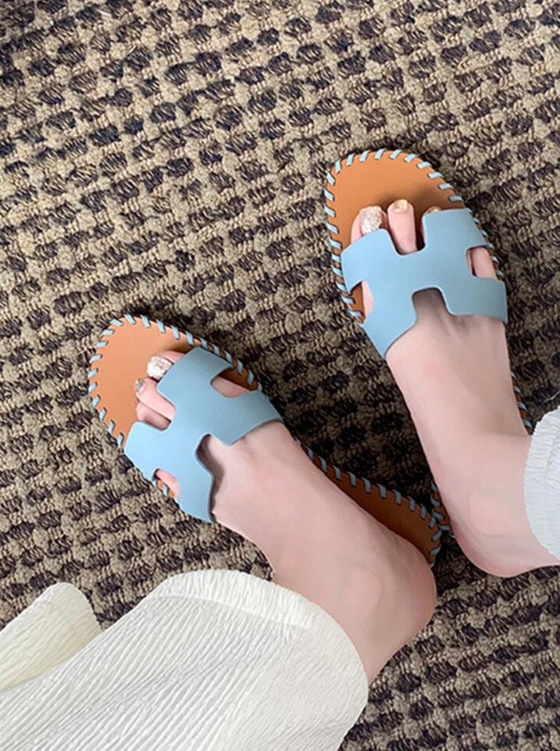 Hermes Oran Flats Blue Leather Slide Sandals Size 38