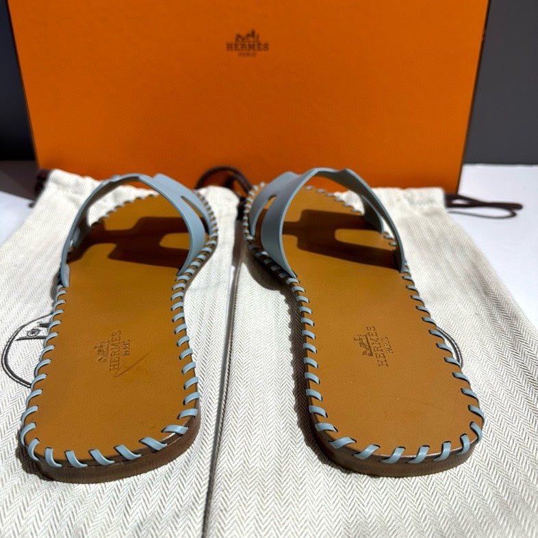 Hermes Oran Flats Blue Leather Slide Sandals Size 38