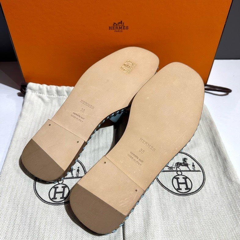 Hermes Oran Flats Blue Leather Slide Sandals Size 38