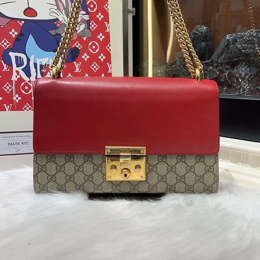 Gucci Padlock Shoulder Bag Red Beige GG Canvas Medium