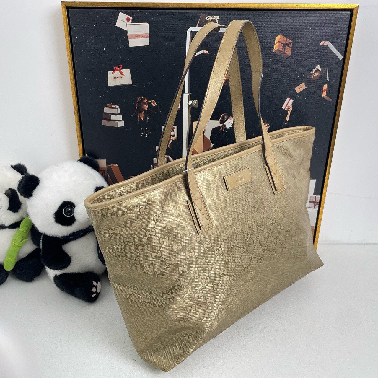 Gucci Tote Bag GG Pattern Beige Pre-Loved Large