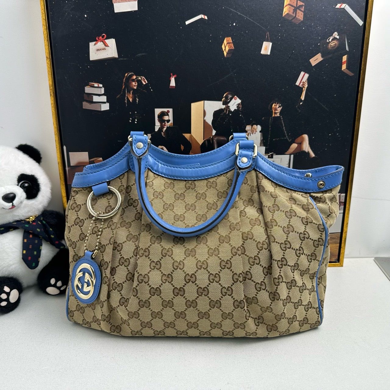 Gucci GG Canvas Blue Trim Shoulder Bag Beige