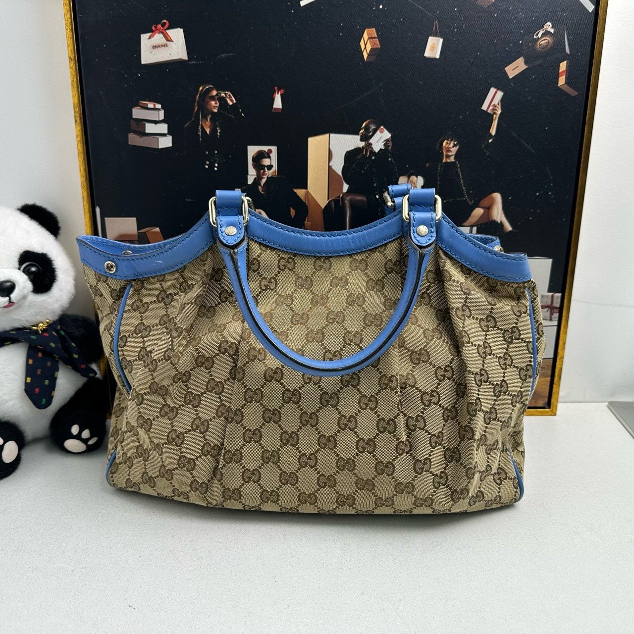 Gucci GG Canvas Blue Trim Shoulder Bag Beige