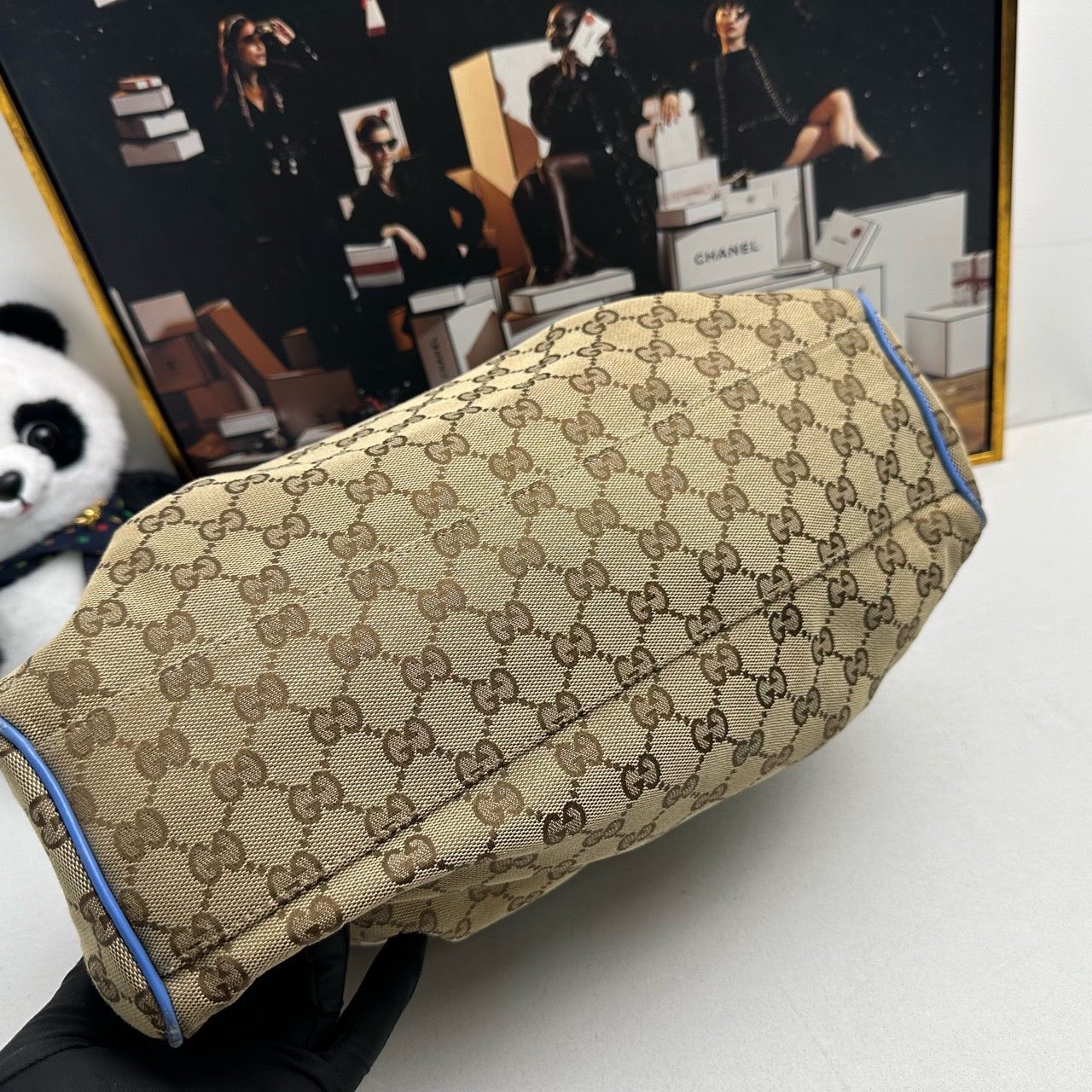 Gucci GG Canvas Blue Trim Shoulder Bag Beige