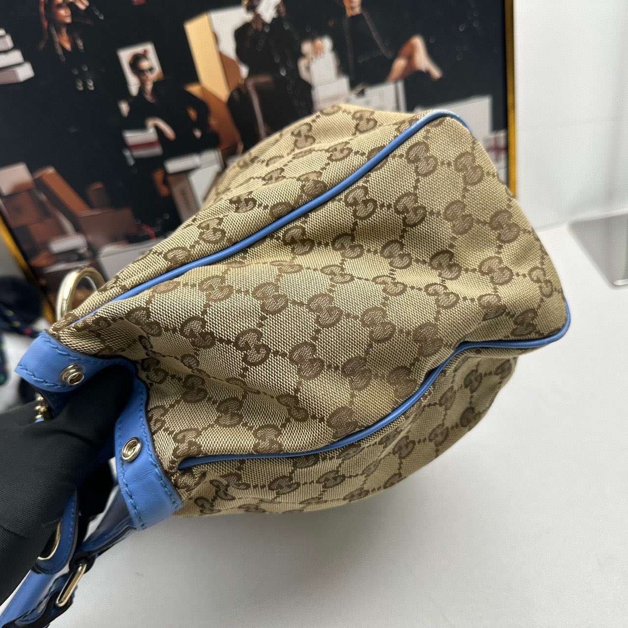 Gucci GG Canvas Blue Trim Shoulder Bag Beige