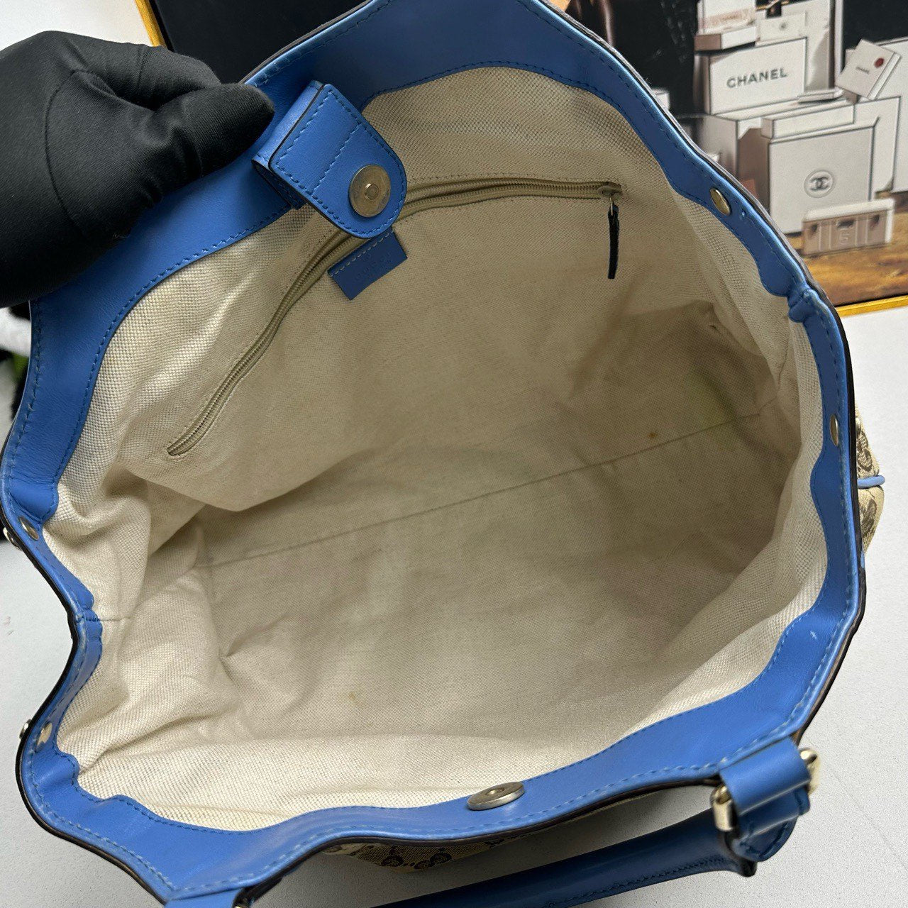 Gucci GG Canvas Blue Trim Shoulder Bag Beige