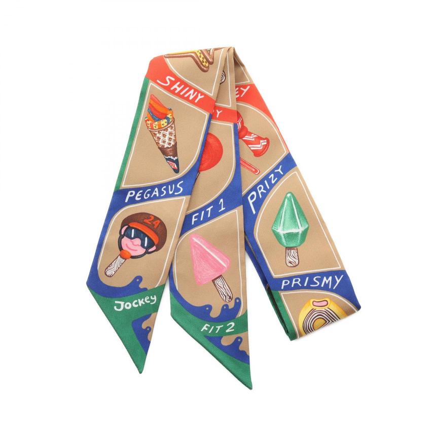 Hermes Twilly Funny Ice Cream Scarf Silk Beige Multicolor