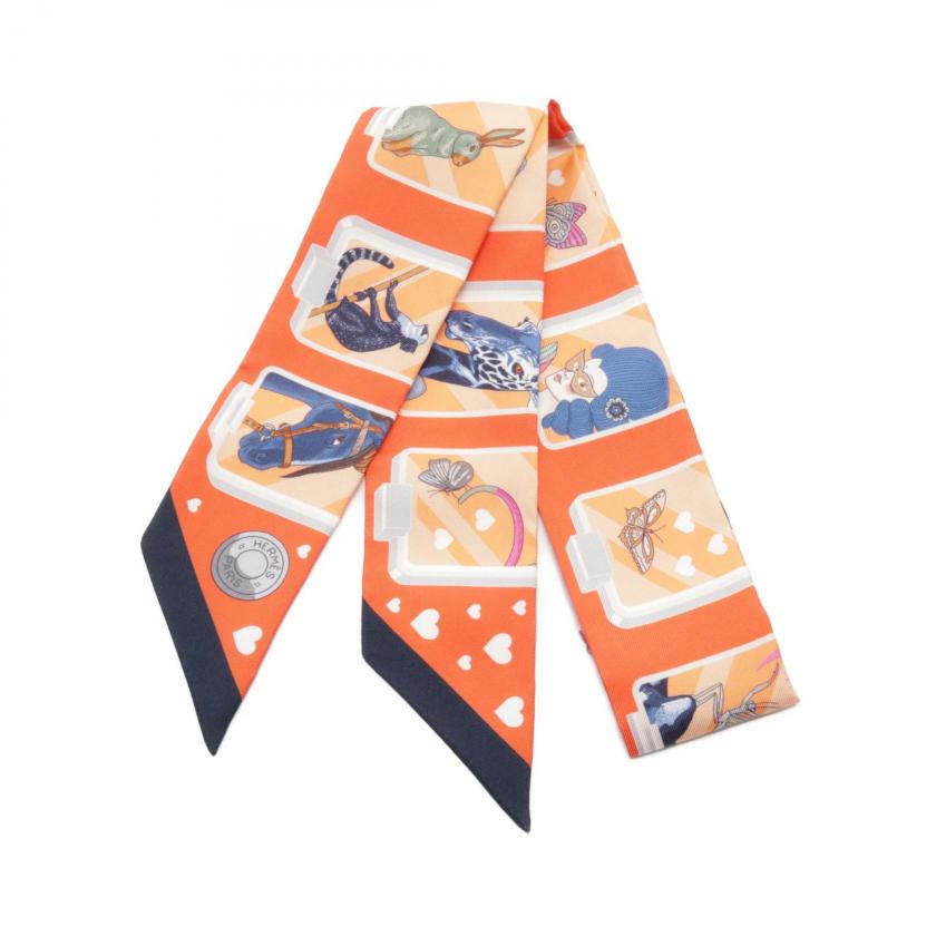Hermes Twilly Hermes STORY Ribbon Scarf Silk Orange Multicolor 960186