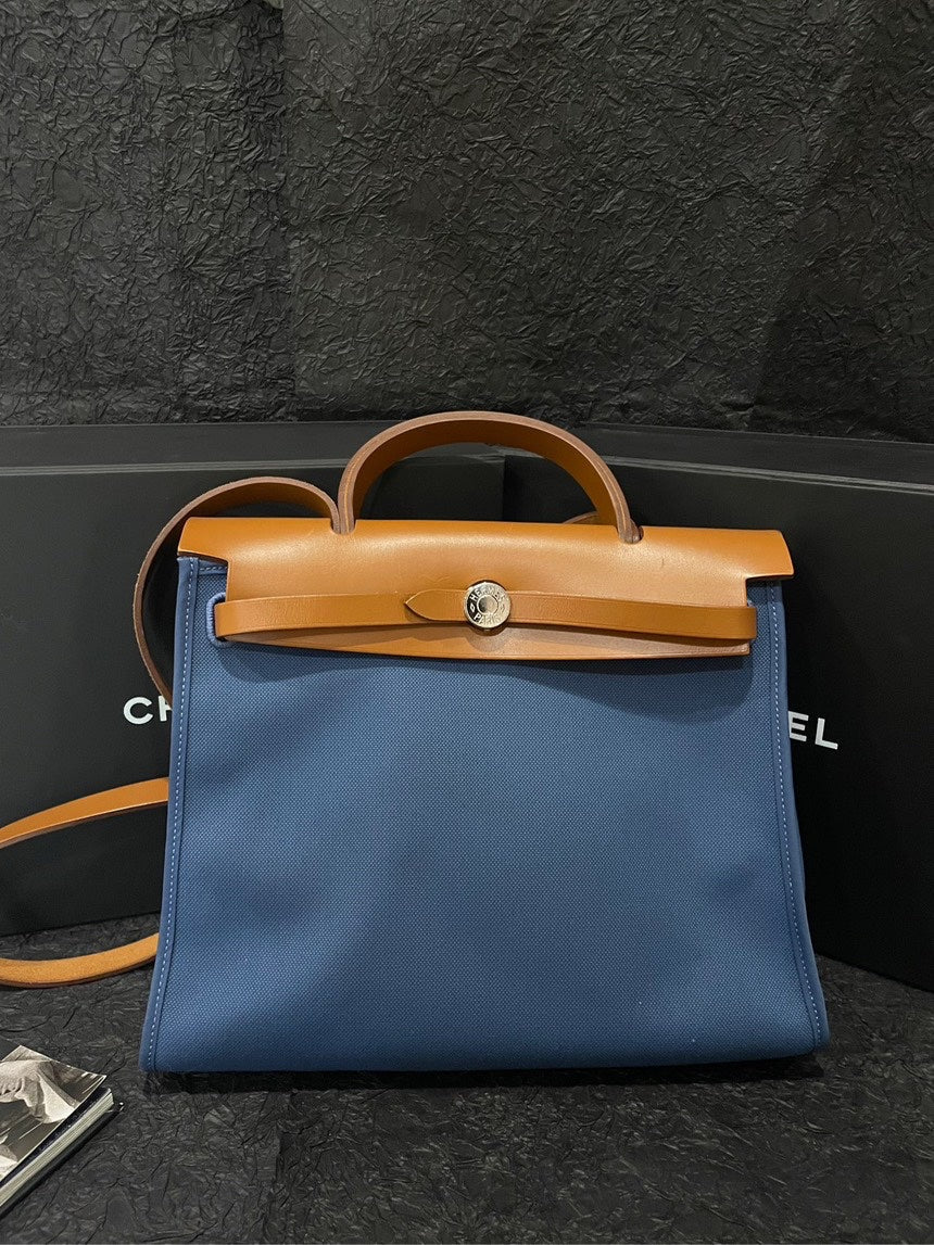 Hermes Herbag31 Carved Yellow Brown and Brighton Blue Satchel Bag