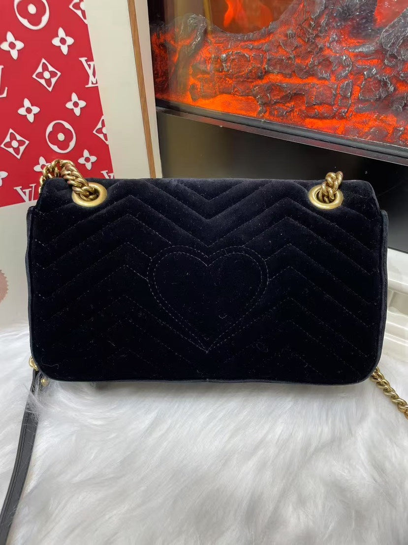 Gucci GG Marmont Small Shoulder Bag in Black Suede with Heart Pattern