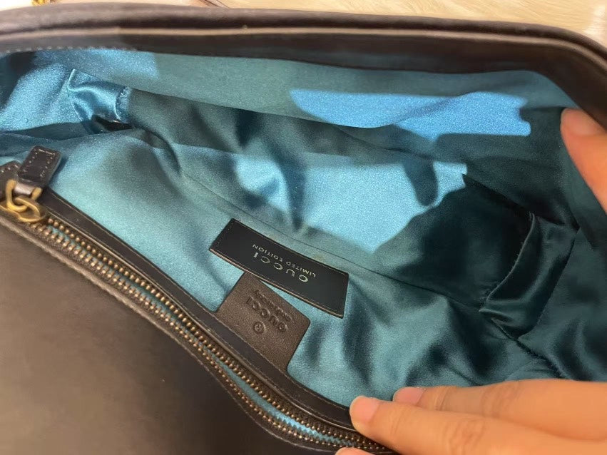 Gucci GG Marmont Small Shoulder Bag in Black Suede with Heart Pattern