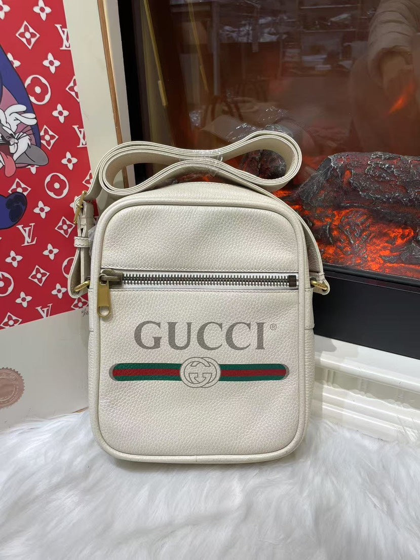 Gucci Vintage GG Logo White Leather Satchel Bag