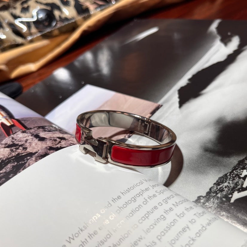 Hermes Clic Clac H Bracelet Red Silver Plated Jewelry